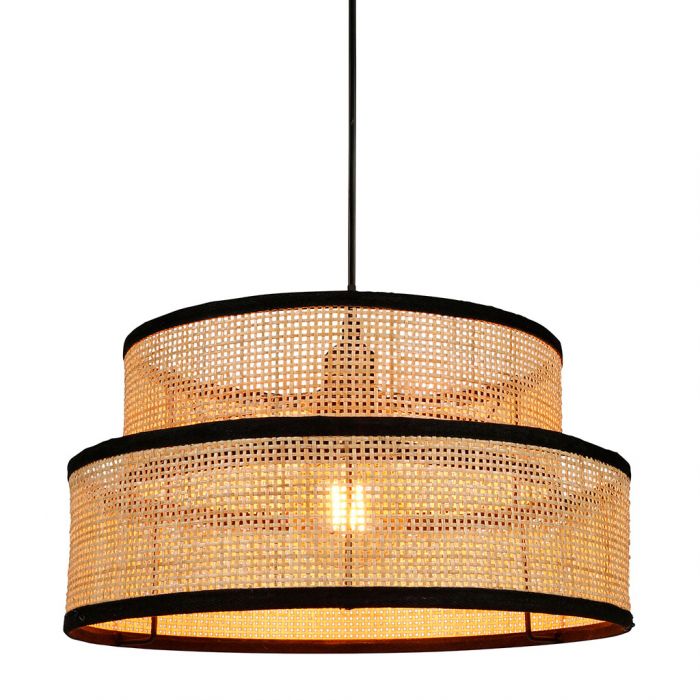 [33026] Suspension gigogne 2 abat-jours rotin et tissu noir